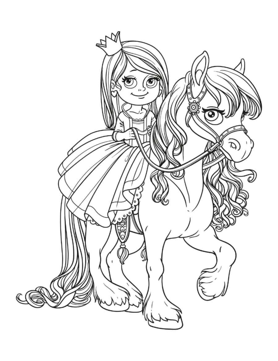 Princess Princess Riding Horse Flowing Mane Coloring Pages Pdf Free Vectors
